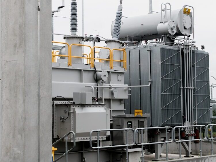 Electrical transformer station on a cloudy day.
